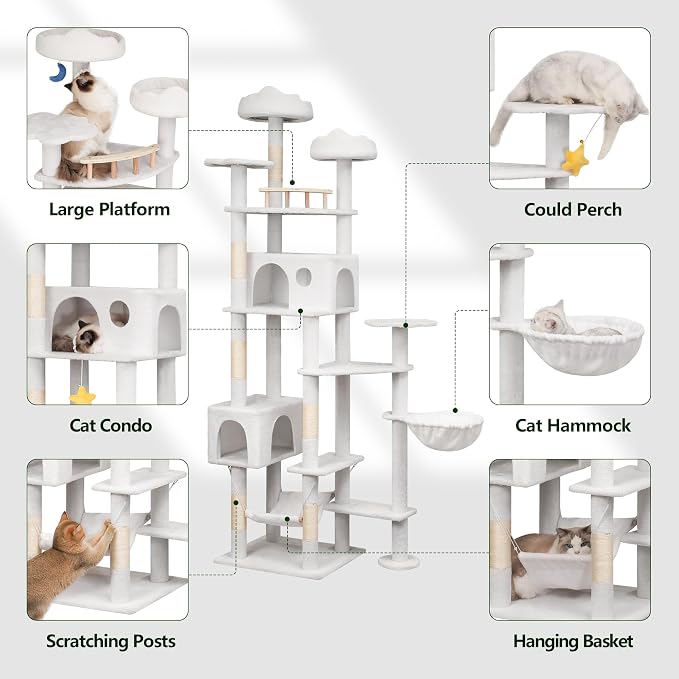 Meecal 79in Tall Cat Tower for Heavy Duty Big Cats, Large Cat Tree with Scratching Post, Plush Perches, Cozy Cat Condos & Hanging Hammocks for Maine Coon, White