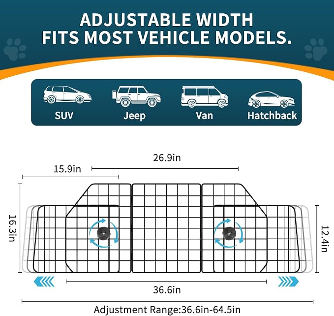 ERYTLLY Dog Car Barrier for SUVs, Vehicles, Dividers, Adjustable Heavy-Duty Wire Pet Gate, Foldable Car Pet Barrier with Mesh Bag, Car Accessories Safety Travel, for Cargo Area 36.6" to 64.5" Width