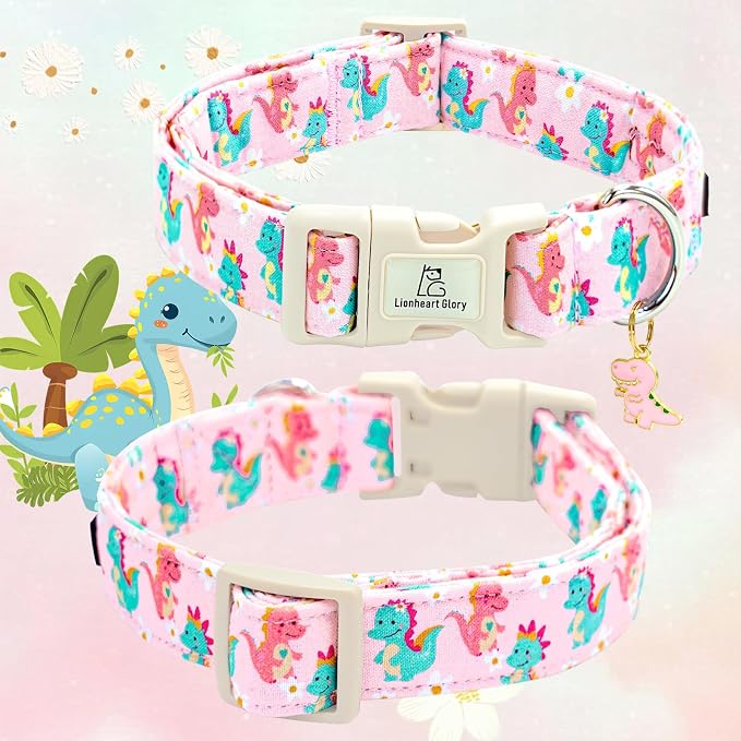Lionheart glory Dog Collar Dinosaurs Pattern Cute Collar for X-Small Dogs Spring Summer Female or Male Collars Pet Gift Adjustable Heavy-Duty Puppy Collars