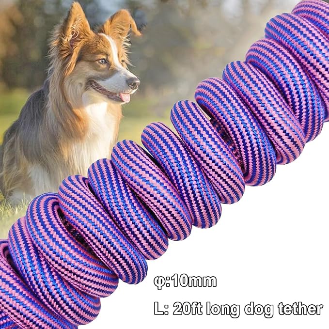 BTINESFUL 8ft/12ft/20ft/30ft/50ft/75ft Dog Tie-Out Long Tether Rope Leash, Outdoor Dog Lead for Yard- Large Medium Dogs Training, Playing, Camping, Backyard Leash (20ft, Pink Blue)