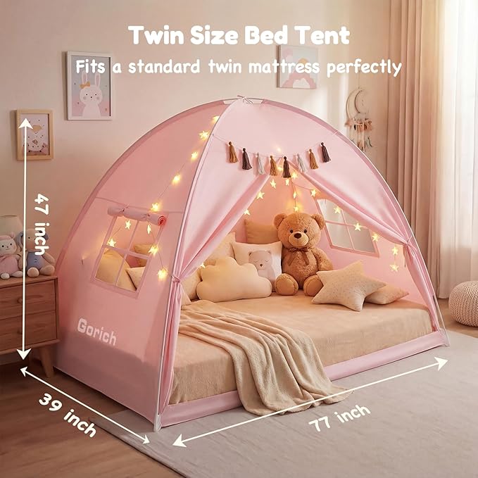 Gorich Twin Bed Tent for Kids, Indoor Privacy Toddler Sleeping Canopy with Mesh Window, Fits Bunk or Floor Bed, Include Star Lights & Tassels, Cozy Playhouse for Boys Girls Birthday