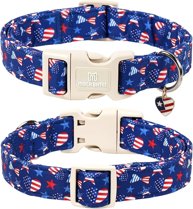 Maca Bates 4th of July Dog Collar with Patriotic Heart Charm for Small Girl Boy Dogs, American Flag Pattern,Pretty Adjustable Durable Collars Blue Independence Day Gift for Male Female Puppy