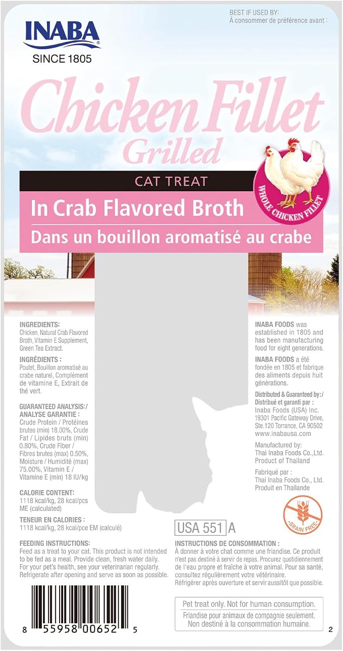 INABA Premium Hand-Cut Grilled Chicken Fillet Cat Treats/Topper with Vitamin E and Green Tea Extract, 0.9 Ounces Each, Pack of 6, Crab Broth