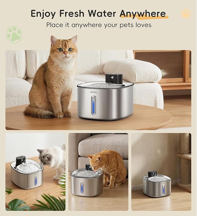 Stainless Steel Cat Water Fountain, 142fl.oz/4.2L Cat Fountain Battery Operated with Motion Sensor, Pet Water Dispenser Cordless for Cats & Dogs Indoor
