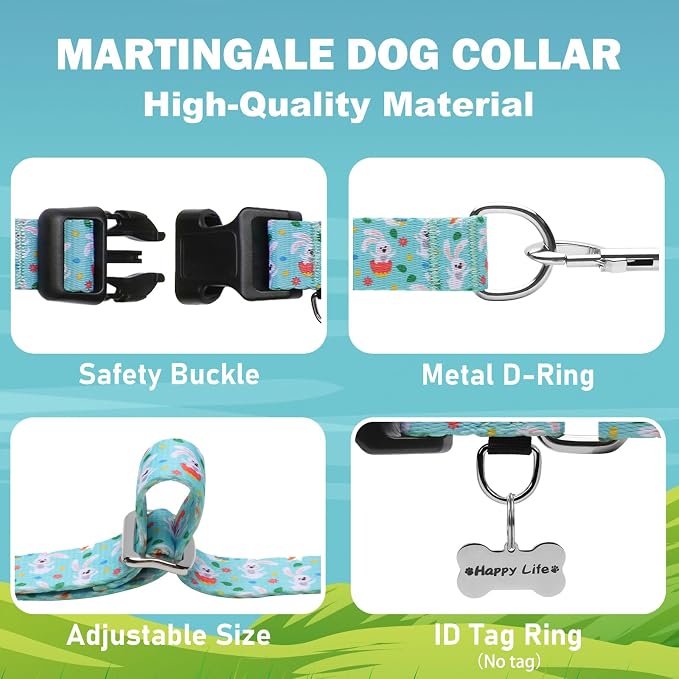 Easter Martingale Collar for Dogs with Buckle Bunny Dog Collar Adjustable Soft Nylon Girl Dog Collars for Small Dogs, Green Rabbit