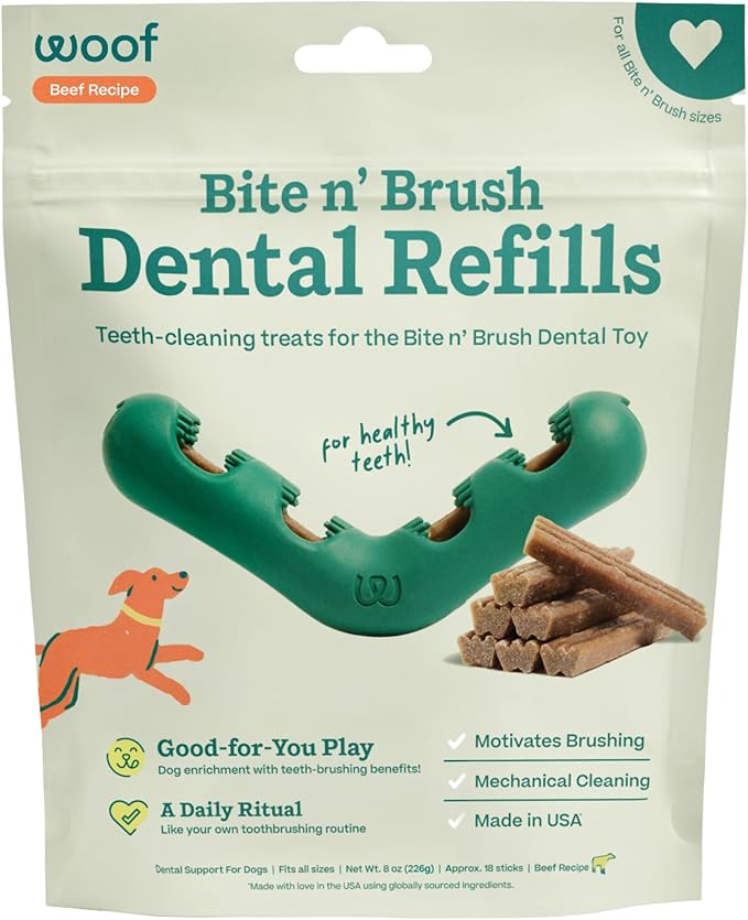 WOOF - Bite n' Brush Refills Treats for the Dog Toothbrush Toy - Scrub Plaque and Tartar from Your Dog's Teeth and Mouth - Dog Dental Sticks - Approximately 18 Refills - Beef