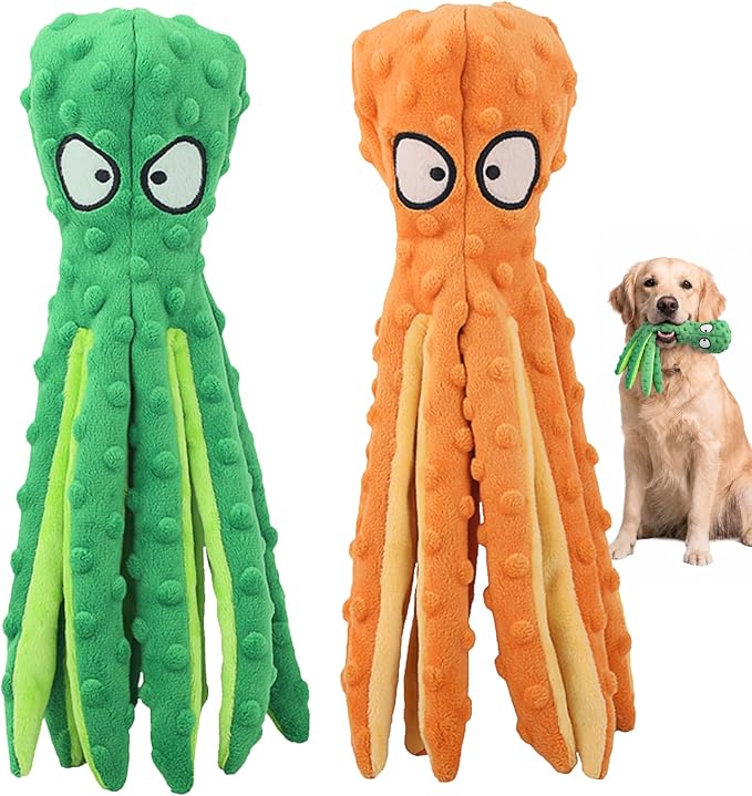 HGB Squeaky Dog Toys - 2 Pack No Stuffing Octopus Crinkle Plush Chew Toys for Puppies Small Medium Large Dogs, Interactive Tug Toys to Keep Dogs Busy