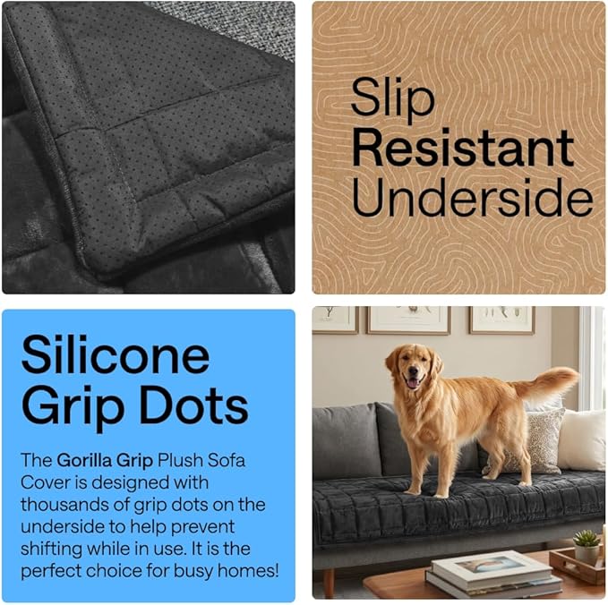 GORILLA GRIP Slip and Leak Resistant Plush Quilted Recliner Cushion Cover Blanket, Soft Couch Covers for Sofa Dogs, Machine Washable Furniture Protector Pet Friendly Couches, Dark Gray, 28x28 Inches