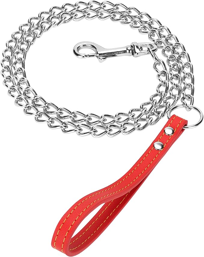 SGODA Chain Dog Leash with Leather Handle 4 Feet Red