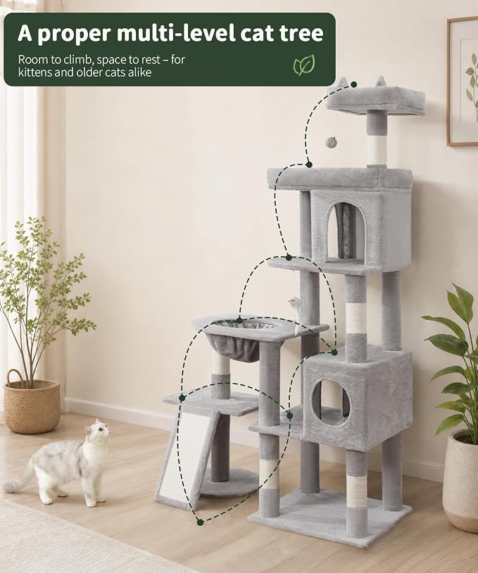 68 Inches Heavy Duty Cat Tree for Indoor Cat, Big Cat Tower with Sisal Scratching Posts and Top Perch, Large Platform for Adult Cats, PMT02GY, Grey