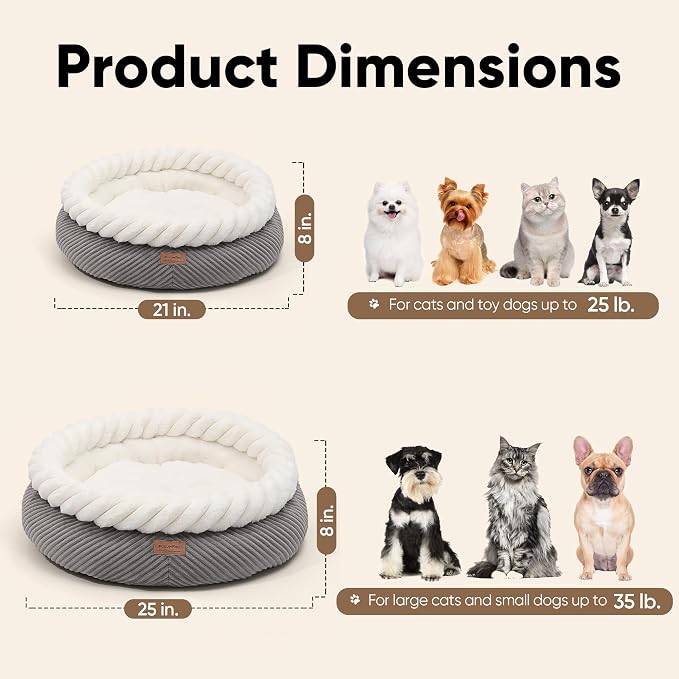 FUKUMARU Dog Bed, 25in Large Round Cat Beds, Plush Faux Fur&Corduroy Cat Beds, Cute Round Washable Pet Bed for Large Cats and Small Dogs, Cat Cave with Anti-Slip Bottom, 25inch, Grey