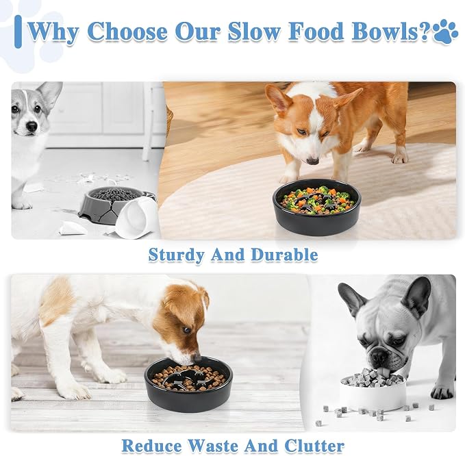 Ceramic Slow Feeder Dog Bowls, 1 Cups Dog Food Dish for Small and Medium Breed, Puzzle Dog Food Bowl for Fast Eater, 15OZ, 6.3 inch(Black)