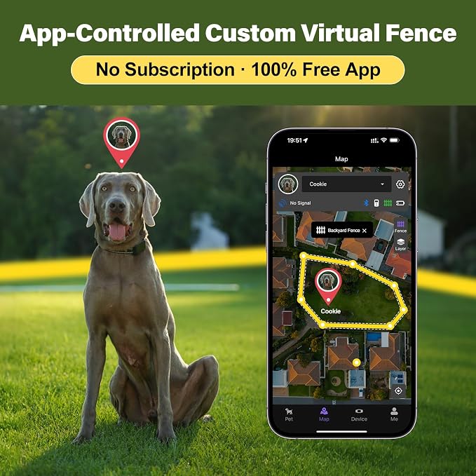 GPS Wireless Dog Collar Fence System - No Monthly Fee App Control, Custom Polygon Boundary & Remote Training, Free Phone Tracker for Up to 5 Pets, Virtual Electric Fence for Dogs, Black