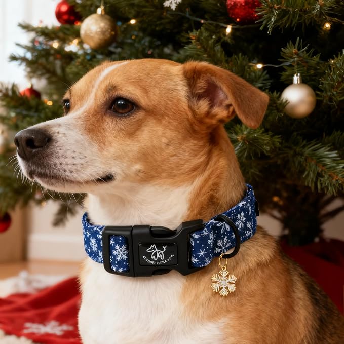 Elegant little tail Christmas Dog Collar, Snow Print Pet Collar Cotton Soft Plastic Buckle Sturdy Puppy Collars Holiday Female or Male Adjustable Collar for Medium Dogs