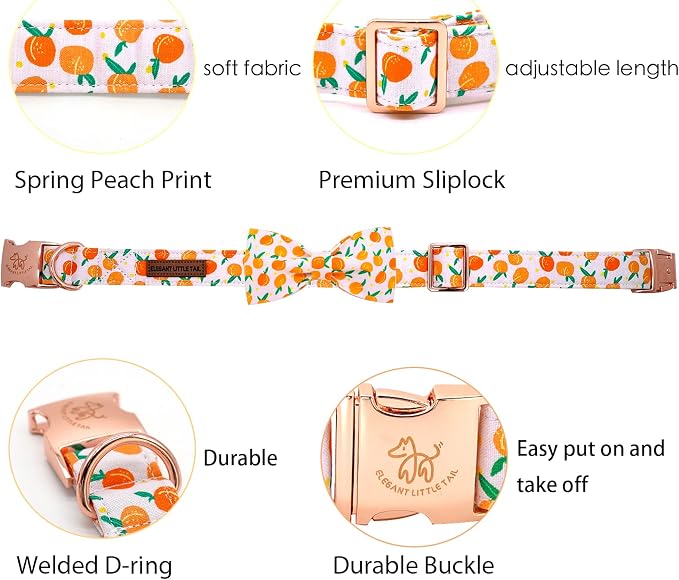 Elegant little tail Dog Collar, Peach Pattern Pet Collars with Bow Girl Cotton Bowtie Collars Spring Puppy Gift Adjustable Pet Collar for X-Large Dogs