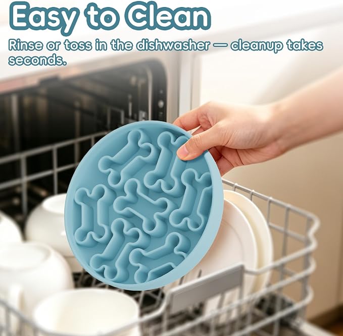 Silicone Slow Feeder Dog Bowl – Sky Blue Bone Pattern | Food-Grade Non-Slip Dog Dish for Anti-Bloat, Fast Eating Prevention, 7.5” x 1.5”, Dishwasher Safe