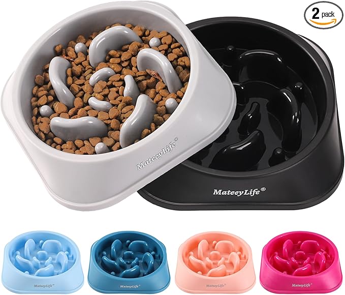 MateeyLife Slow Feeder Dog Bowls 2PCS, Anti-Choking Puzzle Dog Food Bowls, Anti-Slip Interactive Feeding Slow Down Eating, Bloat Stop Maze Dishes for Medium Large Breeds Gray&Black