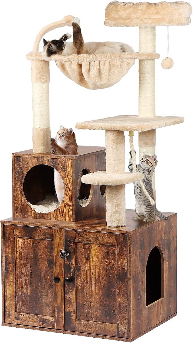 Timberer Cat Tree with Litter Box Enclosure, 2-in-1 Cat Tower for Indoor Cats, Large Wood Cat Condo with Basket, Scratching Posts, Pompoms, Rustic Brown