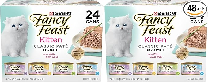 Fancy Feast Purina Tender Ocean Whitefish,Turkey,Chicken and Salmon Feasts Wet Kitten Food Variety Pack - 3 oz. Boxes,(Pack of 48)