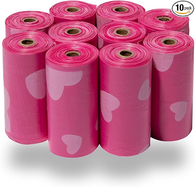 Best Pet Supplies Dog Poop Bags for Waste Refuse Cleanup, Doggy Roll Replacements for Outdoor Puppy Walking and Travel, Leak Proof and Tear Resistant, Thick Plastic - Pink Heart, 150 Bags