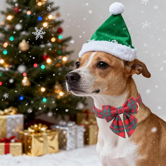 Unique Style Paws Christmas Dog Collar with Bowtie Red Green Plaid Cotton Puppy Collars for Small Medium Large Dogs