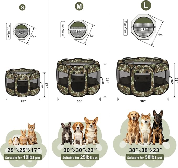 Pink Puppy Playpen for Middle Dog Cat, Dogs Tent Crate Cage Indoor/Outdoor, Portable Pop Up Dog Kennel with Carrying Bag for Rabbits, Removable Top (Green Camo, Small)