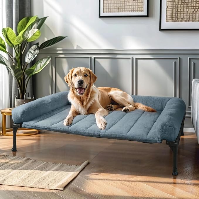 Veehoo Orthopedic Elevated Dog Bed with Fluffy Plush Bolster Cushion, Indoor Raised Dog Beds for Large Dogs, Soft Pet Sofa Cot with Removable Washable Mat, No-Slip Feet, 42 x 30 inches, Haze Blue