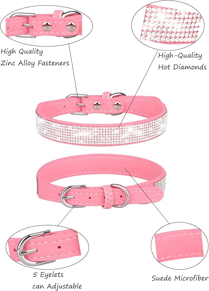 Dog Collar for Medium Dogs, Adjustable Leather Suede Bling Dog Collars，Pink Dog Collar Cat Collar, Rhinestone Dog Collar (M, Pink)