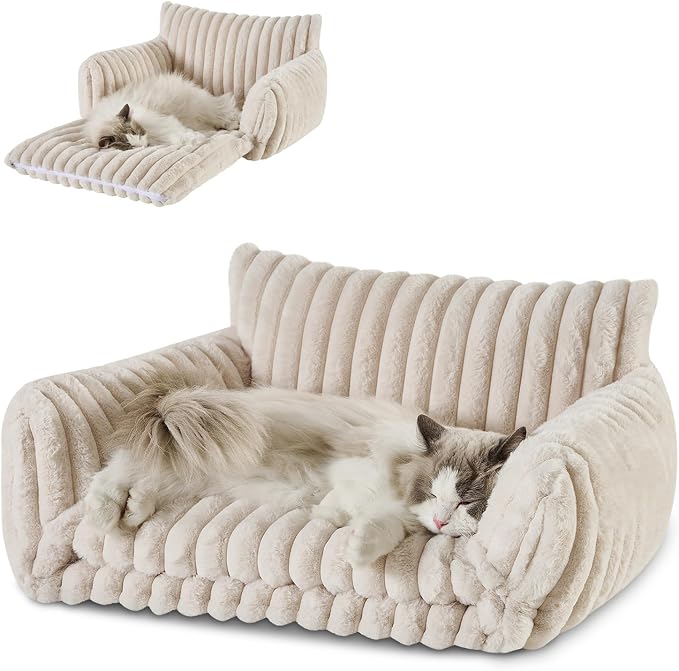 Hollypet Cat Bed Fluffy Plush Multifunctional Double-Layer Machine Washable Soft Warming Kitty Pet Couch Orthopedic Nest Beds for Small Cats Kitten and Dogs up to 13lbs, Cream(25x20x13 inch)