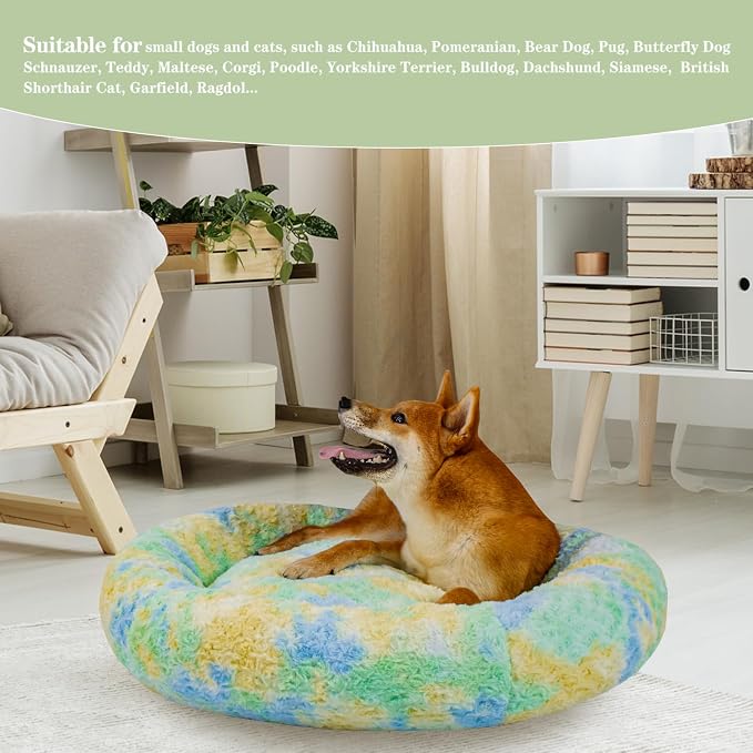 Calming Dog Bed for Medium Dogs Cats, Puppy 31'' Round Anti-Anxiety Warm Fluffy Plush Faux Fur Bed, Soft Anti-Slip Donut Washable, Cozy Medium Puppy Bed, Fits up to 50 lbs Pets