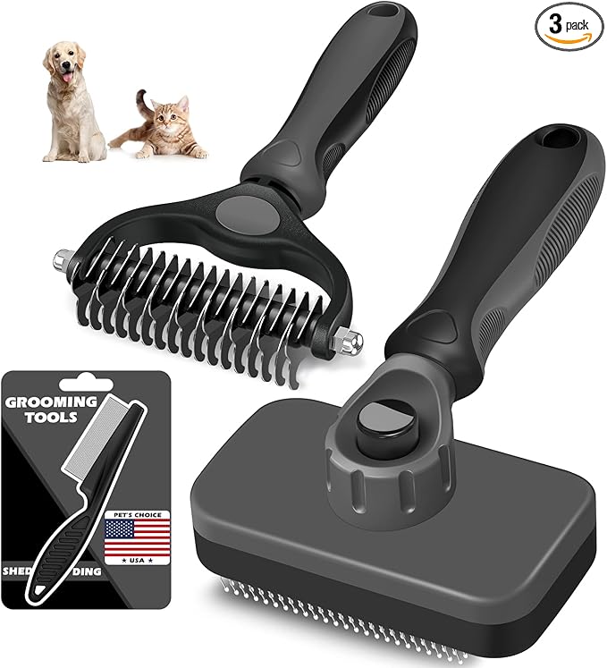 3PCS Self Cleaning Slicker Brush & Pet Grooming Rake & Flea Comb for Dogs,Cats and Horses | Double-Sided Dematting Comb & Skin Friendly Deshedding Grooming Tool | Premium Pet Supplies（Gray)