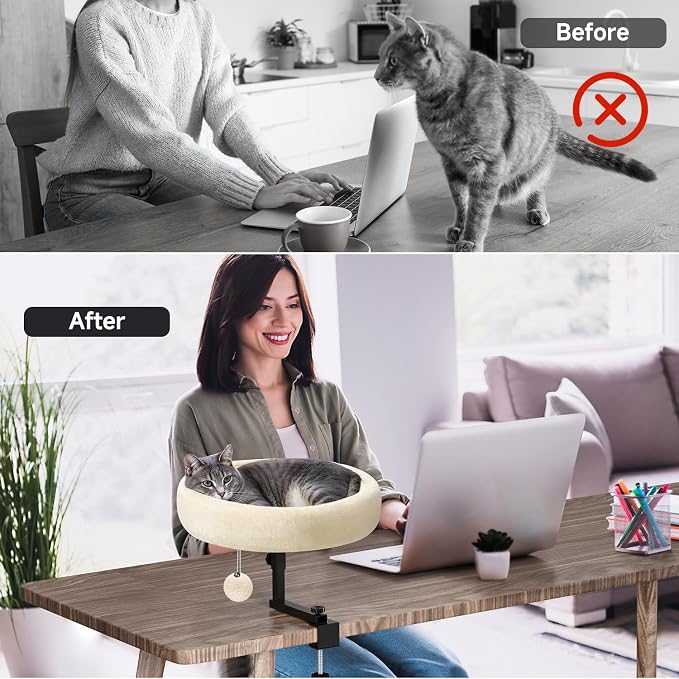 Chumajor Cat Desk Bed - 360° Rotating & Adjustable, Supports 50 lbs, Soft Faux Fur with Dual-Sided Reversible Mat, Modern Indoor Cat Nest Furniture for Office Desks and Game Tables, Island Table white
