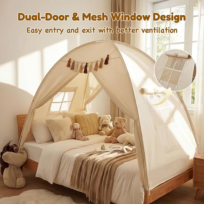 Gorich Twin Bed Tent for Kids, Indoor Privacy Toddler Sleeping Canopy with Mesh Window, Fits Bunk or Floor Bed, Include Star Lights & Tassels, Cozy Playhouse for Boys Girls Birthday