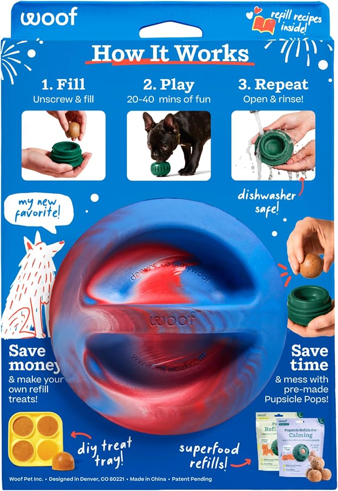 WOOF Pupsicle - Long-Lasting Interactive Dog Ball Toy to Keep Your Pup Busy and Distracted - Safe for Dogs - Low-Mess Design - Dog Toys for Extra Large Dogs 75+ lbs - July 4th Edition