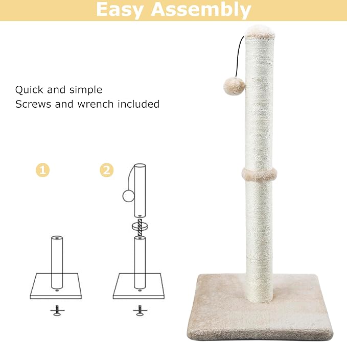 Dimaka 29" Height Tall Cat Scratching Post, Claw Scratcher with Sisal Rope and Covered with Soft Smooth Plush, Vertical Scratch [Full Strectch] for Standard Size Cats (Light Brown, 29 inches)