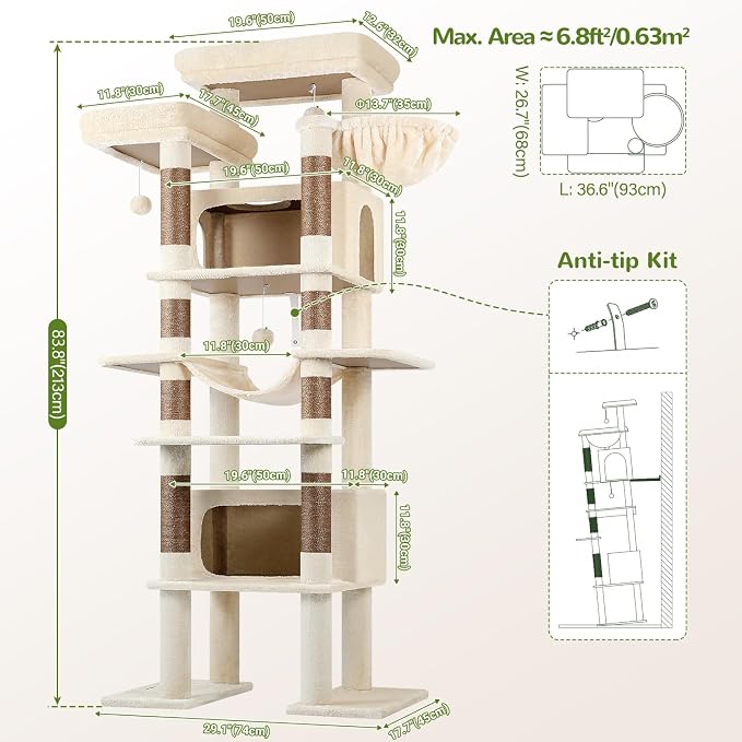 Globlazer XXL Giant Cat Tree, 83 Inch Heavy Duty Tall Cat Tower for Indoor Cats Large Adult, Multi-Level Large Cat Condo with 8 Scratching Posts, Hammock, 2 Cat Caves, 2 Platform, F83B, Beige