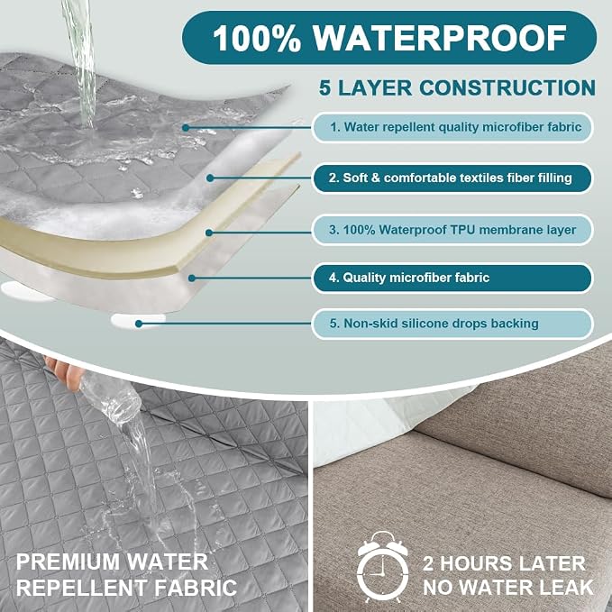 Turquoize 100% Waterproof Futon Cover Futon Slipcover Washable Armless Sofa Bed Slipcover Protector Seat Width Up to 70" with Adjustable Elastic Strap Anti-Slip for Dogs, Dove Gray