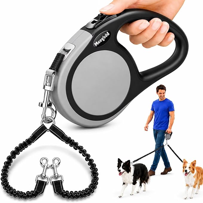 Double Retractable Dog Leash for Two Dogs Up to 50 lbs - 16 ft Coupler Leashes for Small Medium Dogs - One Locked System, Non Slip Grip, Tangle Free (Purple)