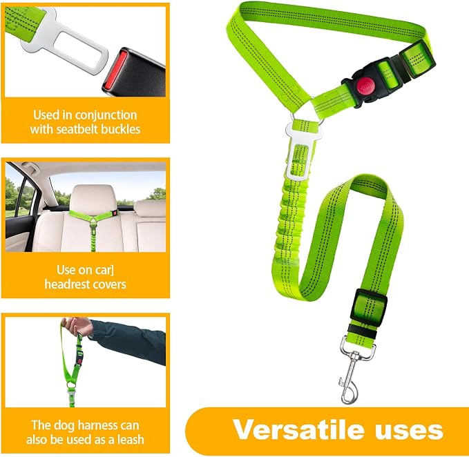 2-Pack Dog Car Seat Belt, 3-in-1 Headrest-Mounted Dog Seatbelt for Car, Adjustable Nylon Pet Safety Leash with Elastic Buffer & Reflective Stitching, Durable Car Harness for Dogs Fits Most Vehicles