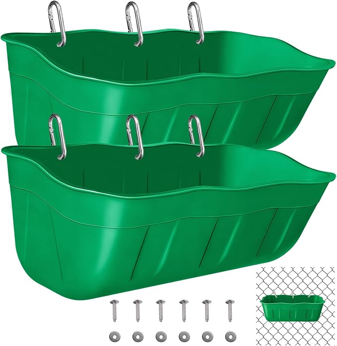 Hanging Goat Feeders,Chicken Feeder Waterer,Large Feed Trough 7.5 Quart 2 Pack,Hanging Fence Feed Trough for Poultry Livestock,Green