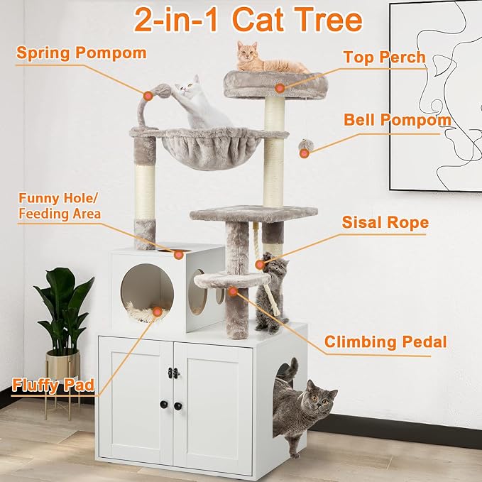 Timberer Cat Tree with Litter Box Enclosure, 2-in-1 Cat Tower for Indoor Cats, Large Wood Cat Condo with Basket, Scratching Posts, Pompoms, White