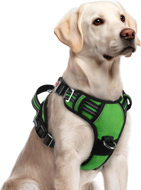 rabbitgoo Dog Harness for Large Dogs, 3 Buckles Easy On & Off No Pull Pet Vest, Soft Padded Walking Pet Harness with Control Handle, Adjustable and Reflective, Green, L