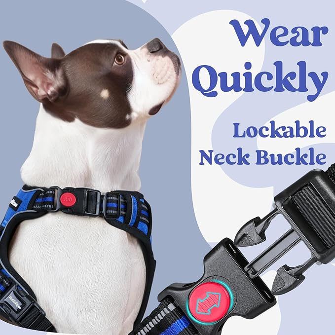 rabbitgoo Dog Harness for Large, No Pull Easy On & Off with 3 Buckles Pet Harness, Adjustable Soft Walking Vest with 2 Clips and Handle, Reflective for Large Dogs, Blue, L