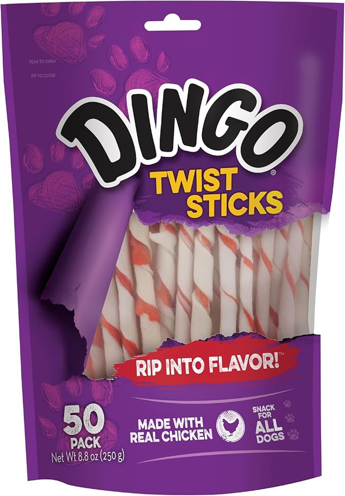 Dingo Twist Sticks Premium Rawhide Treats For Dogs Made with Real Chicken, 50 Count