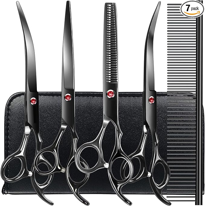 TINMARDA Dog Grooming Kit, Titanium Black Stainless Steel Dog Grooming Scissors with Curved Shears, Black Finger Rings - 5 Piece Sharp Durable Pet Shears for Dogs Cats At Home Salon-Quality Grooming