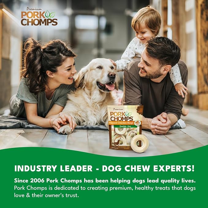 Pork Chomps Pressed Pork Skin Dog Chews, 2.5 Inch Rings, Real Chicken, 8 Count, Pack of 1 - Long-Lasting Treats for Dogs - High Protein, Rawhide-Free, Low Fat, Healthy & Delicious Chews