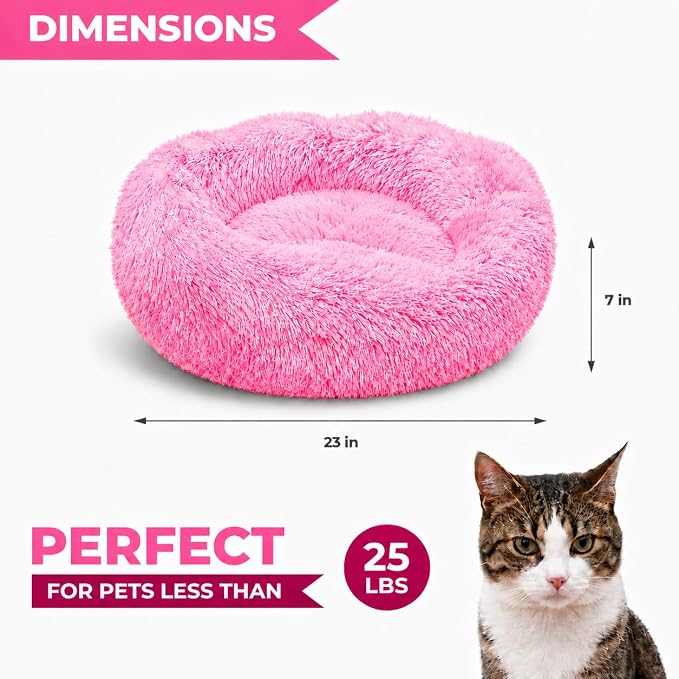 Whiskers & Friends Cat Beds for Indoor Cats, Fluffy Calming Donut Cat Bed, Small Dog Bed Washable - Orthopedic Soft Plush Pet Beds Sized for Kitten to Large Cats & Puppy to Small Dogs - Gradient Pink