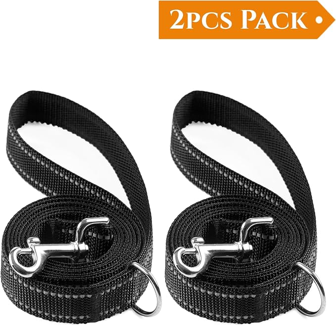 2-Pack Reflective Leash 6ft - Nylon Leashes for Small, Medium, Large Dogs, Puppies, Cats - 6ft Training Leash with D Ring (Black, 1" X 6FT(2-Pack))