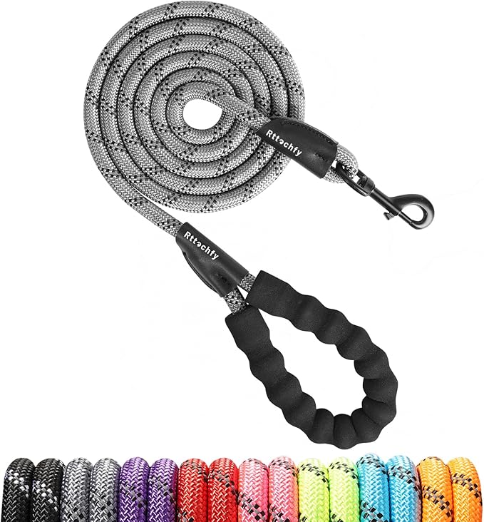 Rttochfy Rope Dog Leash 2/4/5/6/8/10 FT with Comfortable Padded Handle and Highly Reflective Threads for Small Medium and Large Dogs Heavy Duty (1/2"-4 FT, Grey)