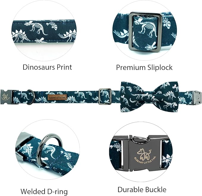 Elegant little tail Dog Collar, Dinosaurs Print Pet Collars with Bow Soft Cutton Boy Puppy Gift Adjustable Blue Bowtie Dog Collar for X-Small Dogs